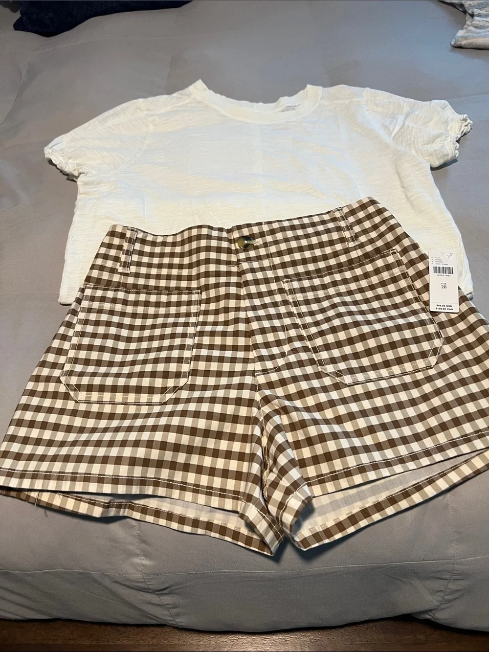 Outfit - Maeve Collette Brown Gingham High-Waist Shorts and Pilcro Ivory Top